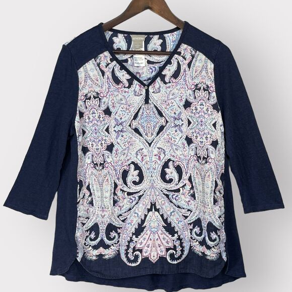 Chico's Shirt Women 1 (US M/8) Blue‎ Multicolor Print 3/4 Sleeve Linen C14 - Picture 1 of 12